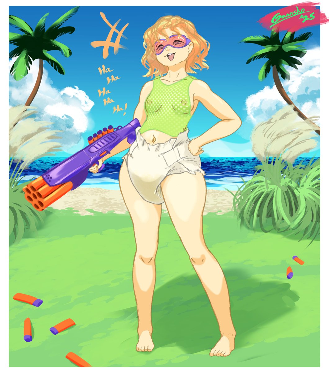 Experimenting with artstyles. Hope she's a hit.
 
The rowdy tomboy next door has invited you over to play dartguns 'n diapers🎯She's blasted you down at point-blank with high-gauge foam shells, and gets to decide diaper changes now. She's awfully smug about it :^) #diaper #abdl