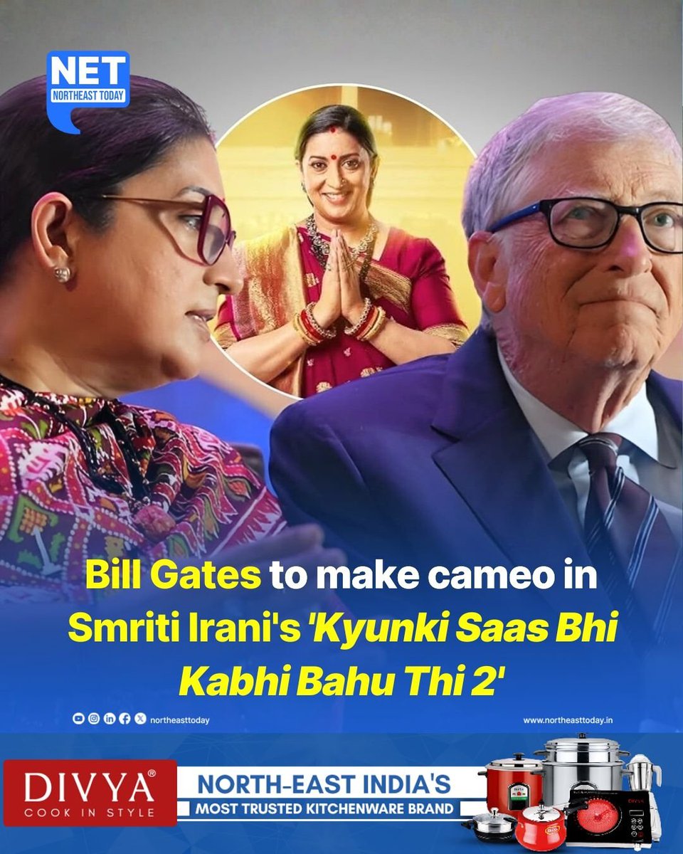 NortheastToday's tweet image. #NetSnippet | In an unexpected crossover, Bill Gates, founder of the Bill and Melinda Gates Foundation and former CEO of Microsoft, is set to make a special appearance in an upcoming episode of Kyunki Saas Bhi Kabhi Bahu Thi 2, starring Smriti Irani.
On Thursday, the makers…