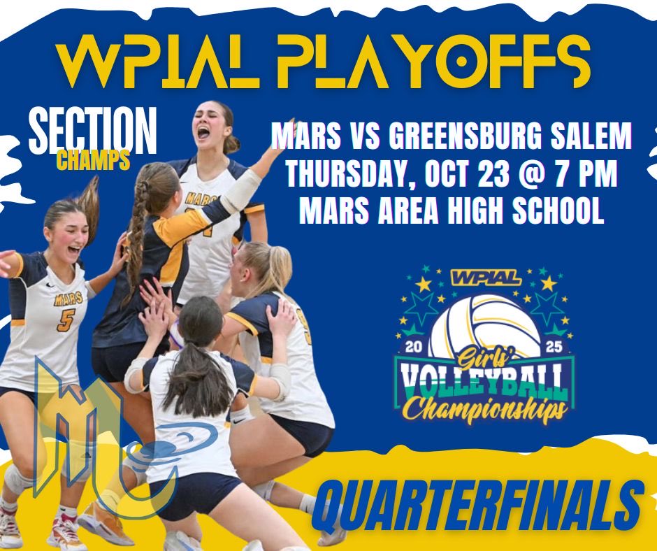 🏐🎉 Good luck to the Lady Planets as they take on Greensburg Salem in the quarterfinals of the 2025 WPIAL Class 3A Girls Volleyball Championship at 7 p.m. tonight (Thursday, Oct. 23), at #marsarea  High School.

🎟️ gofan.co/WPIAL or at the gate. #LetsGoPlanets