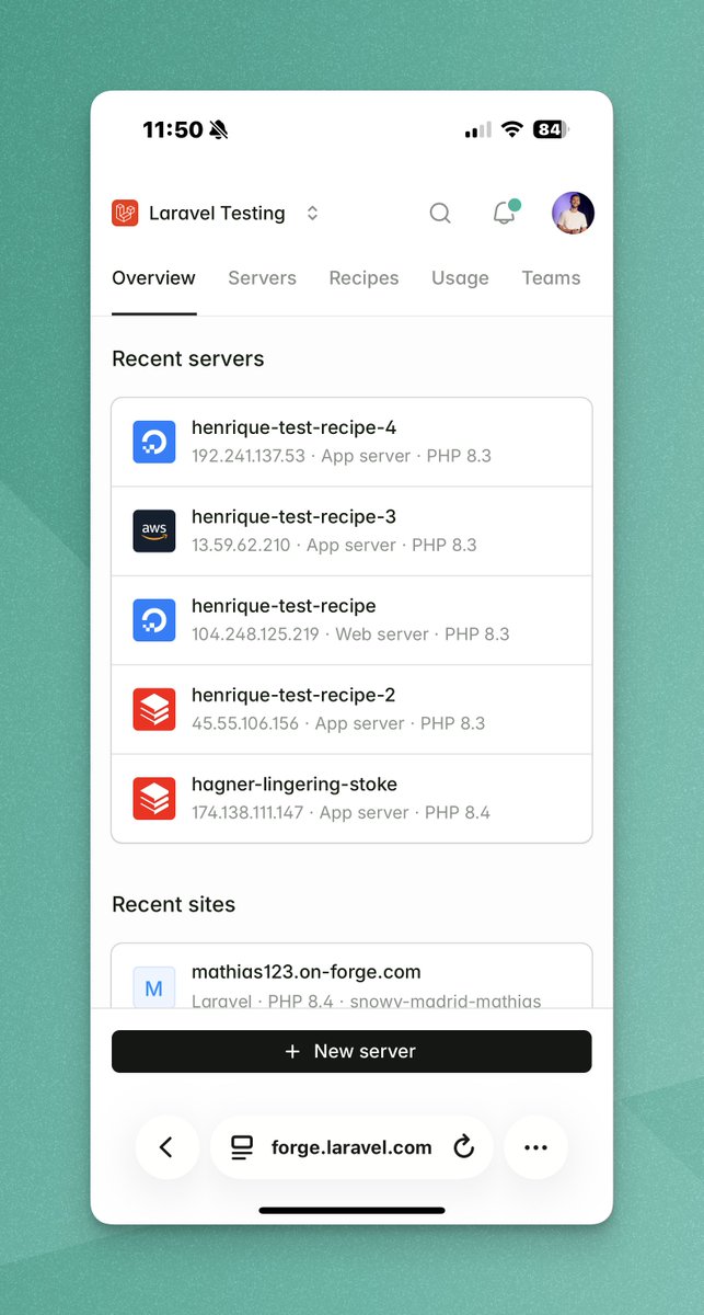 jbrooksuk's tweet image. We&apos;ve just shipped a first pass at making Laravel Forge mobile ready 🤙