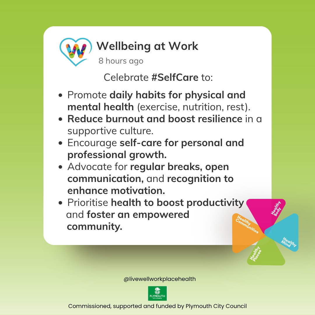wellbeing_work's tweet image. 💆‍♀️ It’s #SelfCareWeek from the 18th - 24th!
You can’t pour from an empty cup 💧
Remember to take a moment for you 💙

What does self-care look like for you?

@livewellsw @PHPlymouth 
#SelfCare #WellbeingFirst #MentalHealthMatters