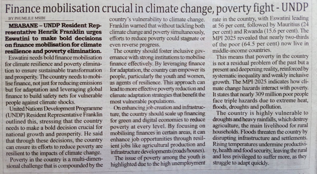 The Times of Eswatini reports on comments from the <a href="/UNDPEswatini/">UNDP Eswatini</a> on the urgency of mobilising climate finance resources for resilience building and poverty elimination