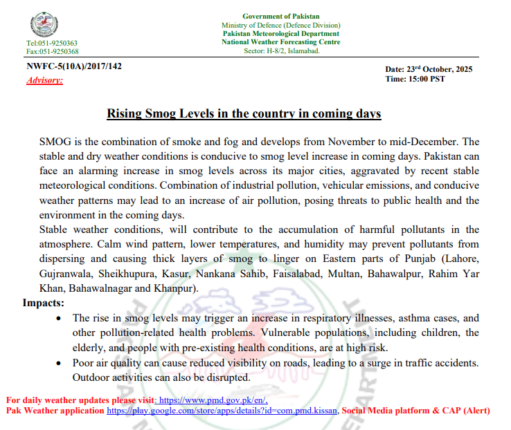 pmdgov's tweet photo. Rising Smog Levels in the country in coming days
#SmogAlert #AirPollution #CleanAirPakistan #SmogCrisis #SaveOurLungs #LahoreSmog #PunjabSmog #AirQuality #StaySafePakistan #EnvironmentalAwareness #ClimateCrisis #HealthAlert #BreatheSafe #SmogSeason #ReduceEmissions https://t.co/ZnHZ42T92I