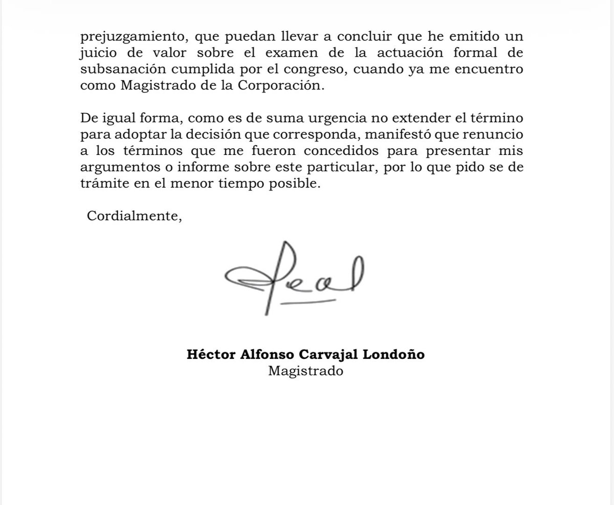 El argumento del magistrado Héctor Carvajal para pedir que no sea aceptada la recusación en su contra para declararse impedido en la discusión sobre la reforma pensional, es que su asesoría a Colpensiones fue como contratista y no como funcionario y que además, su concepto fue