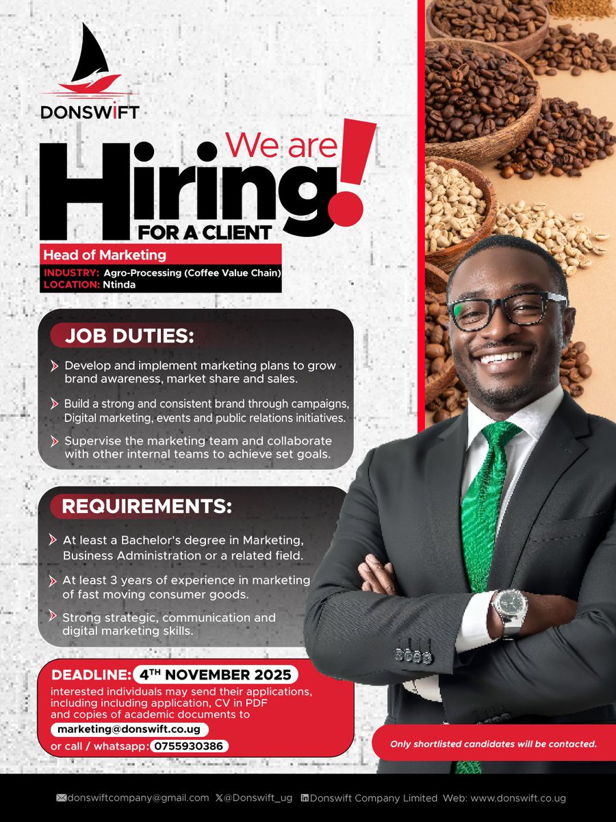 Donswift_ug's tweet image. Ready to lead bold ideas that move markets?
 
  Apply now through the link below 👇
       apply.donswift.co.ug

Deadline: 4th Nov 2025

#Donswift #Hiring