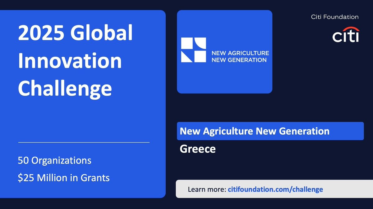 📢  Another international recognition!
With great joy, we announce that New Agriculture New Generation is among the 50 organizations worldwide supported by the <a href="/Citi/">Citi</a>  Foundation! #GlobalInnovationChallenge 2025🙌
 #BEFutureREADY with <a href="/ActionAidHellas/">ActionAid Hellas</a> 
newagri.org/en/news/new-ag…