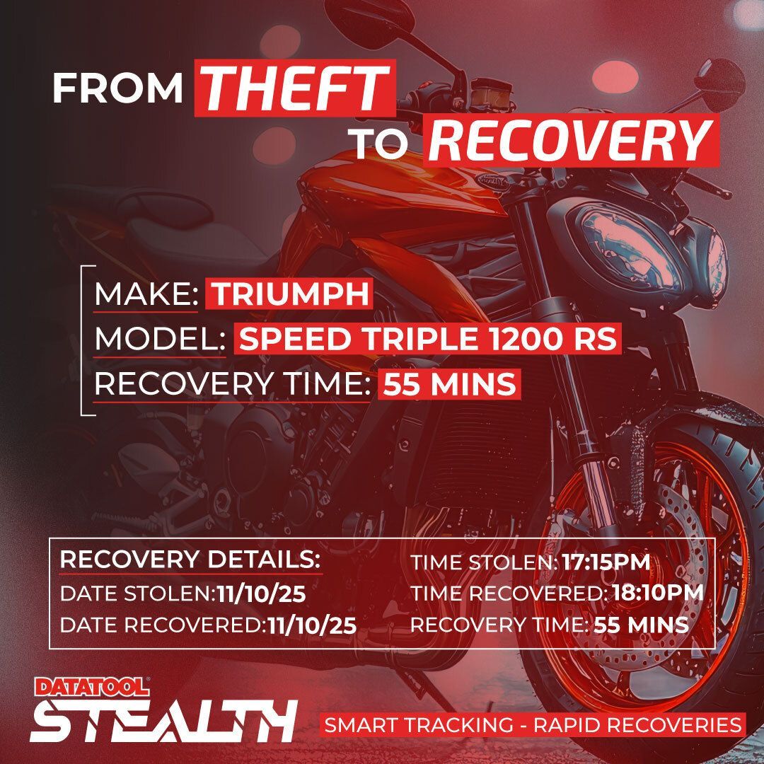 datatool's tweet image. Built for speed, not for thieves 🏍️  
This Triumph Speed triple-engine sports bike was recovered fitted with our Stealth tracker 🔒  Stolen at 5.15PM — recovered within the hour 📍  
Your bike deserves the same protection. Shop now - buff.ly/BxmrcPO