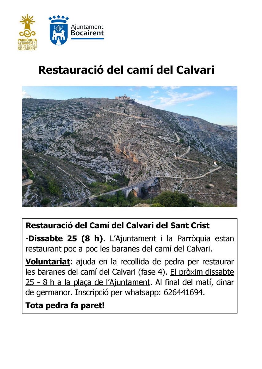 🧱 Jornada de recollida de pedres per restaurar el camí al Sant Crist. 
📍Dissabte a les 8h a la plaça de l’Ajuntament