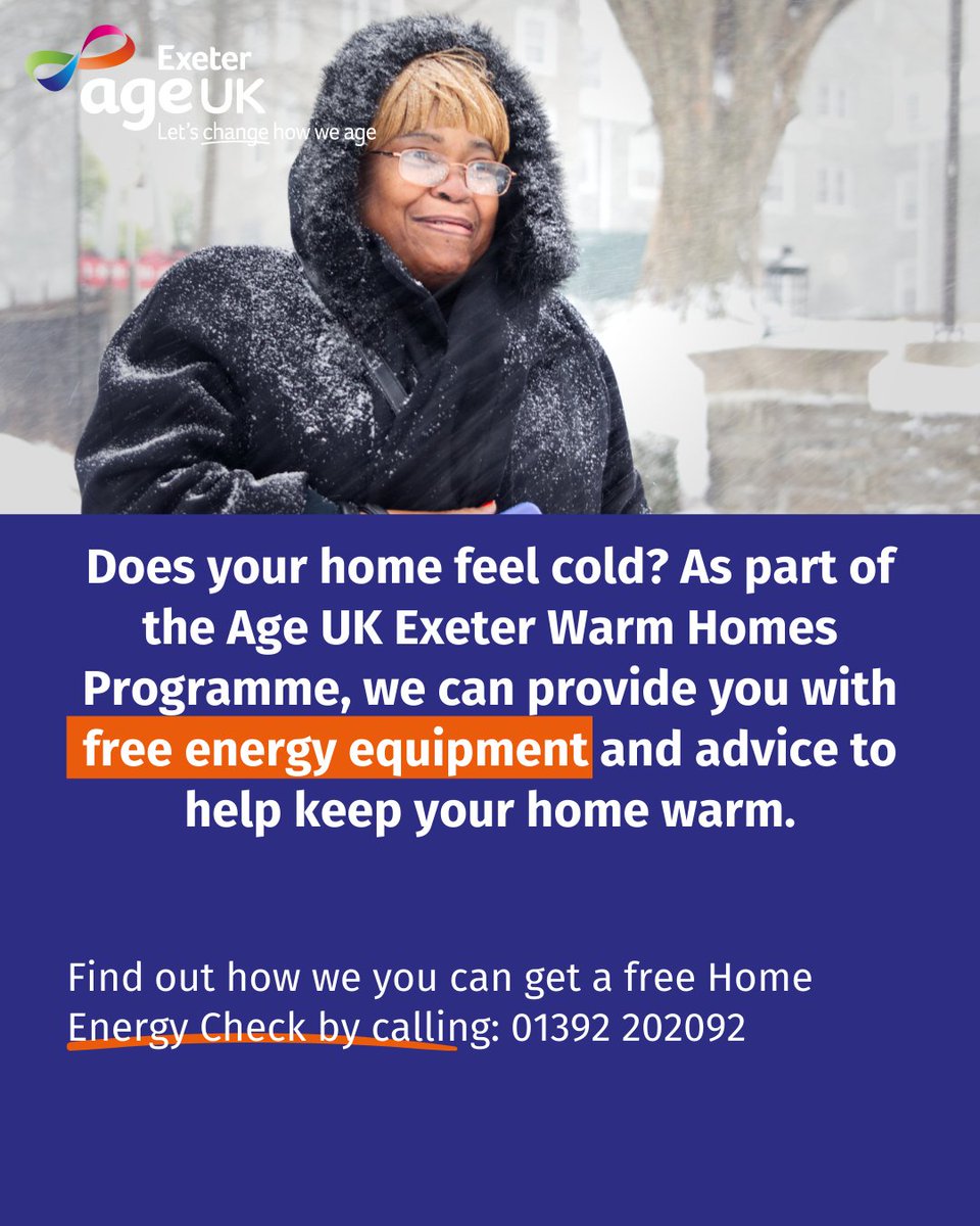AgeUKexeter's tweet photo. If you’re over 65, living in a cold home or have a long-term health condition, you could be eligible for the Age UK Exeter Warm Homes programme. Discover how our programme could help you by calling: 01392 202092 #ageukexeter #exetercommunity #inexeter #exeterliving #exeterdevon https://t.co/OB7A1w6QMo