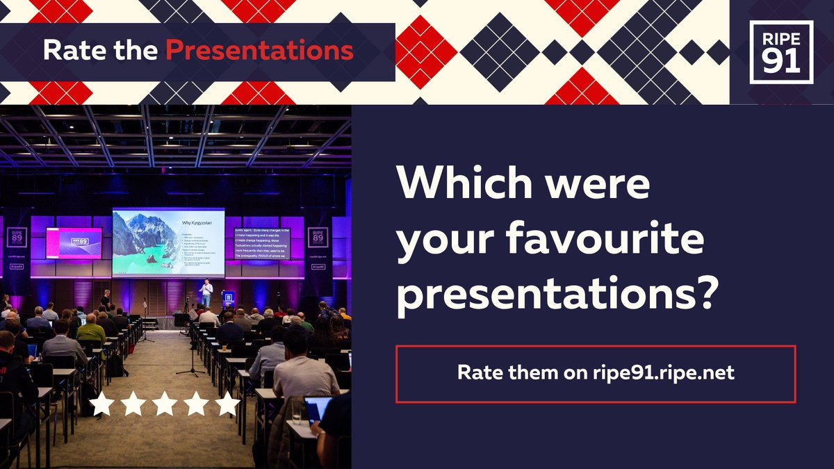 Enjoying the sessions at #RIPE91?
Don’t forget to rate the presentations! ⭐ Your feedback helps us make future programmes even more interesting and relevant.
ripe91.ripe.net

What’s been your favourite talk so far? 👇
