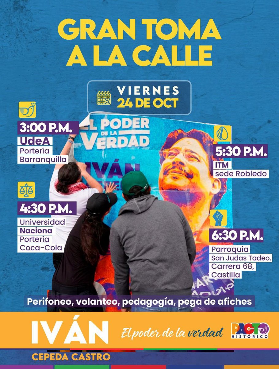Danilo Castrillón. (@dipsofilo) on Twitter photo ¡Buenos días!
Estamos a 3 días de la consulta del <a href="/PactoCol/">Pacto Histórico Oficial</a>.
Nosotros no cerramos campaña, vamos firmes y con fuerza hasta el final.
Nos vemos este viernes en la Gran Toma A La Calle de Medellín.
¡Este domingo vota <a href="/IvanCepedaCast/">Iván Cepeda Castro</a> presidente!
#YoEstoyConIván
#ElPactoEsConIván ¡Buenos días!
Estamos a 3 días de la consulta del <a href="/PactoCol/">Pacto Histórico Oficial</a>.
Nosotros no cerramos campaña, vamos firmes y con fuerza hasta el final.
Nos vemos este viernes en la Gran Toma A La Calle de Medellín.
¡Este domingo vota <a href="/IvanCepedaCast/">Iván Cepeda Castro</a> presidente!
#YoEstoyConIván
#ElPactoEsConIván