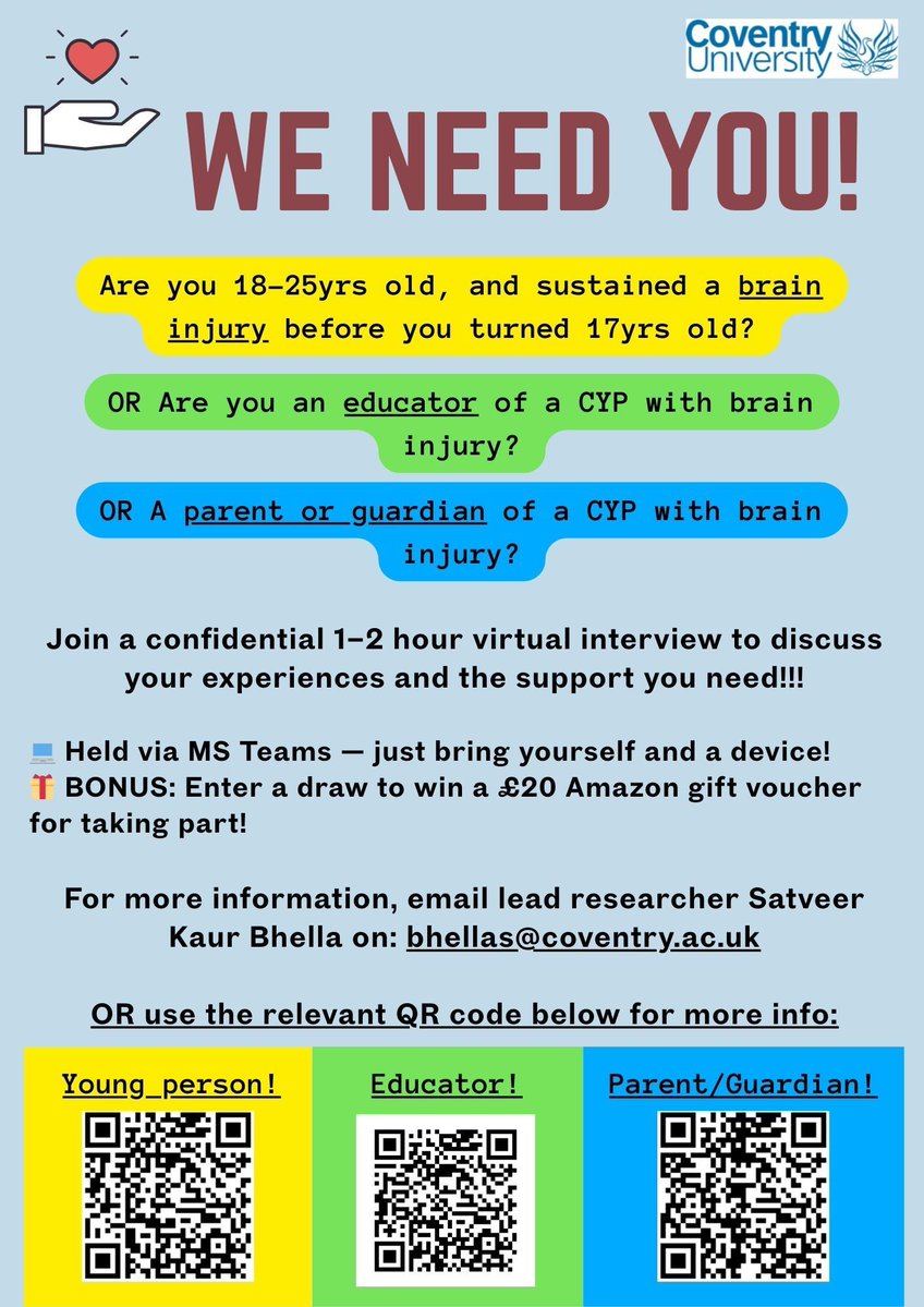 NABLES (@nables10) on Twitter photo Are you interested in participating in research?
For more detailed information and to express your interest in joining this important initiative, please reach out via email to Satveer at: bhellas@uni.coventry.ac.uk
#BrainInjuryAwareness #Inclusivity #ChildhoodABI Are you interested in participating in research?
For more detailed information and to express your interest in joining this important initiative, please reach out via email to Satveer at: bhellas@uni.coventry.ac.uk
#BrainInjuryAwareness #Inclusivity #ChildhoodABI