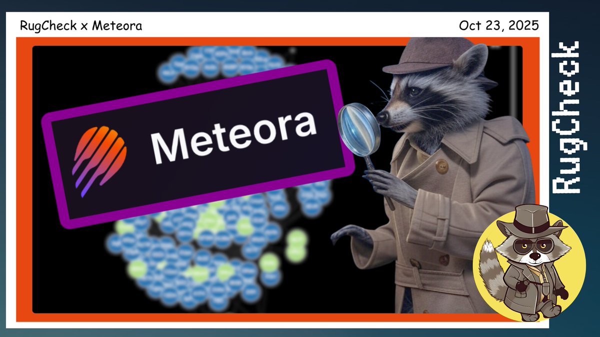 探偵のラクーンがMeteoraのロゴを調査しているRugCheck x Meteoraのコラボ発表
