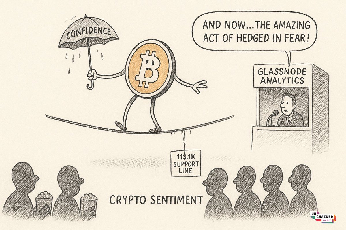 Cartoon illustration of Bitcoin walking a tightrope in fear zone from Unchained Daily