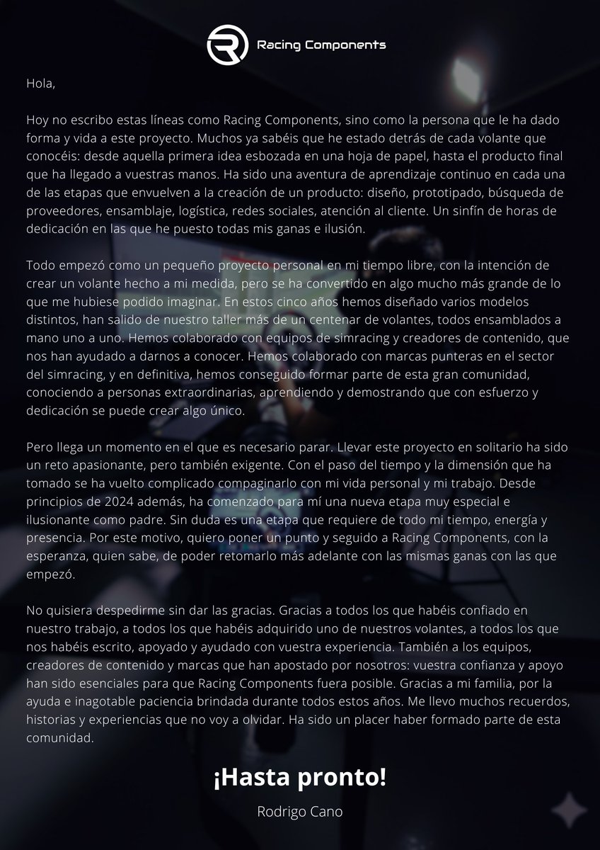 Llegó el momento de cerrar una etapa 🫂

Os dejo unas palabras a continuación 👇

#Gracias #RacingComponents #hastapronto