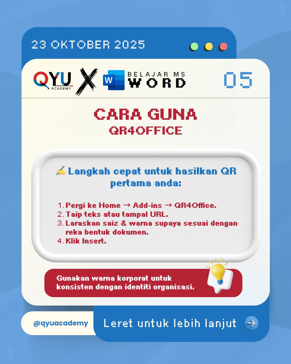 qyuacademy's tweet photo. 🚀 JOM KENALI QR4OFFICE - PART 2
💡 Nak dokumen nampak profesional dan interaktif?

Jom bersama QYU Academy — Belajar. Mahir. Berjaya.

#QYUAcademy #BelajarDigital #QYUTips #JomMahir https://t.co/DUnMywI4OG