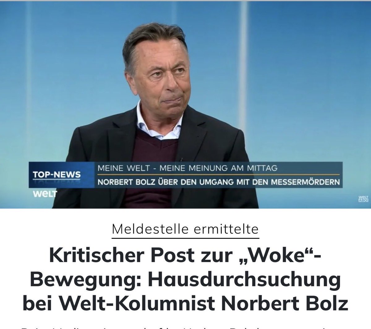 Tobias Teich, MdB (@tobiasteich_by) on Twitter photo Der Welt-Kolumnist Norbert Bolz durfte heute zu einer Hausdurchsuchung aufwachen – alles wegen Kritik an den Woken.
Die Altparteien entstellen sich zur Kenntlichkeit. Mit der AfD hat dieser Repressionsapparat ein Ende. Der Welt-Kolumnist Norbert Bolz durfte heute zu einer Hausdurchsuchung aufwachen – alles wegen Kritik an den Woken.
Die Altparteien entstellen sich zur Kenntlichkeit. Mit der AfD hat dieser Repressionsapparat ein Ende.