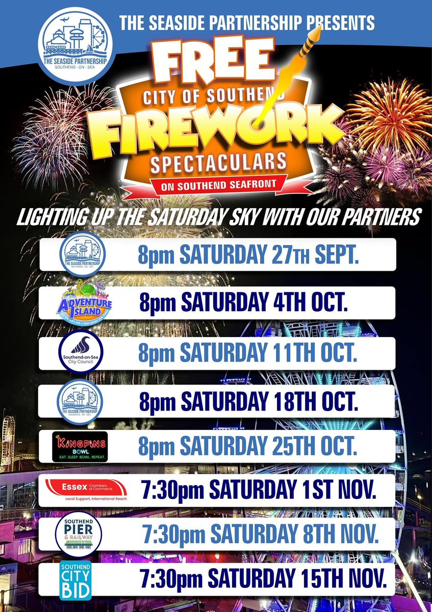 🎇🎆 SEAFRONT FIREWORKS 🎆🎇 

Coming to the Halloween Parade tomorrow? ✨🎃 Make sure you stick around to watch the fantastic FREE Seafront Firework Spectacular from The Seaside Partnership 🙌  

📌 Southend Seafront 
📅 Saturday 25 October 
🕑 8pm  
👉 visitsouthend.co.uk/fireworks