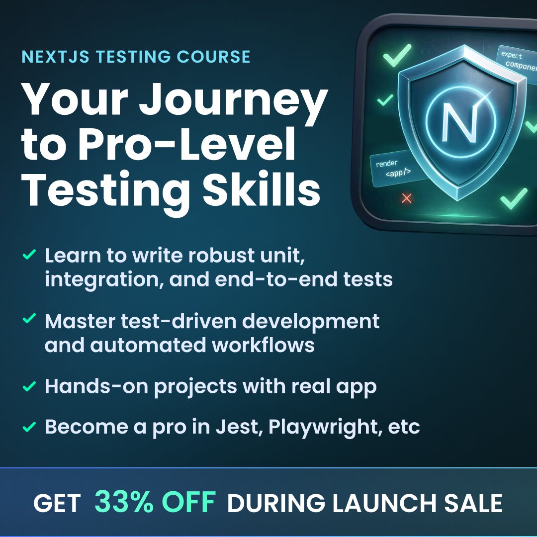 jsmasterypro's tweet image. NEW COURSE: The Complete Testing Course + The Ultimate Next.js 16 Course bundle! 🚀

→ jsm.dev/twitter-nextjs…

Stop gambling with every deployment.

Here’s a little-known fact: only 1 in 4 Next.js developers write production-ready tests.

The best devs already know - if you…