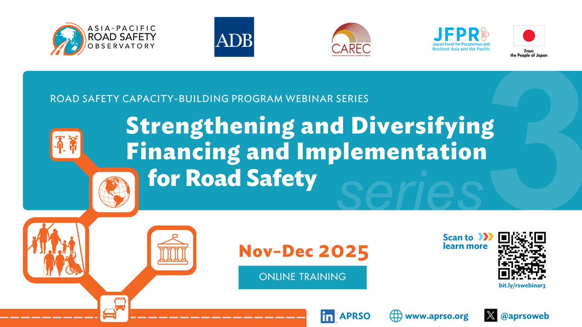 aprsoweb's tweet photo. We are excited to launch the next #RoadSafety Capacity Building Program webinar series - focusing on Strengthening Financing for Road Safety. The 4-part series will launch on Nov 4. Go to our site for all info: https://t.co/rofcCvl9EX https://t.co/YoF0vXRr42