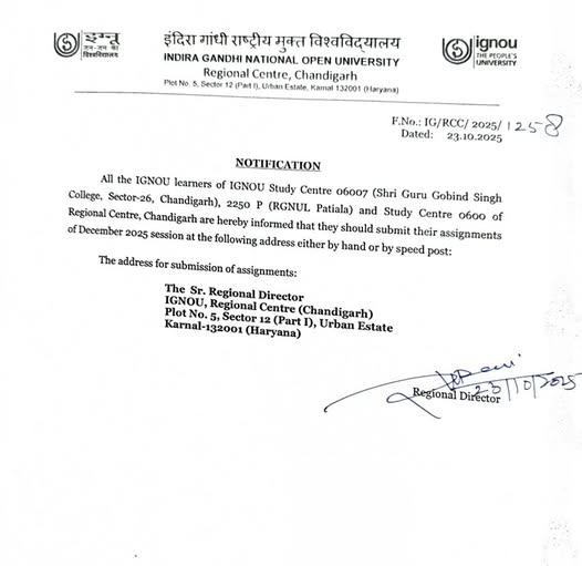 chandigarh_rc's tweet image. ASSIGNMENT SUBMISSION OF SC-06007, PSC-2250P AND SC-0600 FOR DECEMBER-2025 TEE
@OfficialIGNOU 
#ignourcchd
#IGNOU