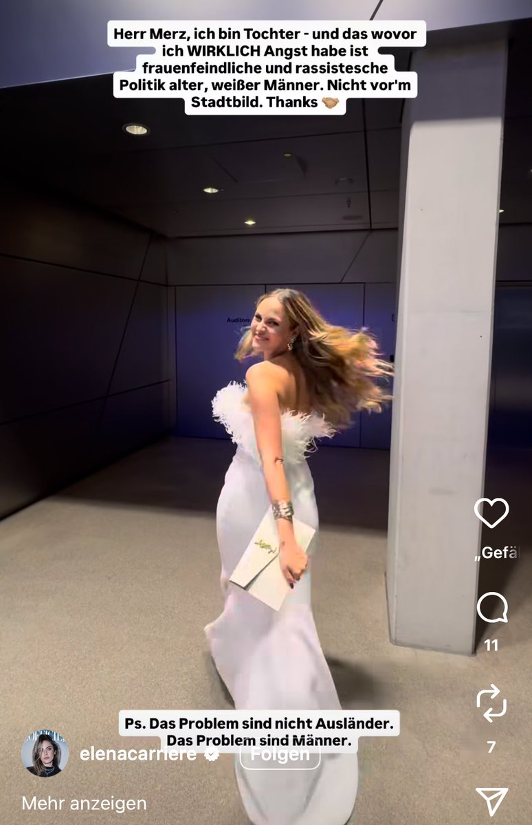 Ich bin Tochter und täglich mit öffentlichen Verkehrsmitteln unterwegs.

Ich habe keine halbe Million Follower – aber ich weiß immerhin, wie man das Wort „rassistisch“ richtig schreibt.

Wenn ich Influencerinnen wie Elena Carrière sehe, die in Designerkleidern über die angeblich