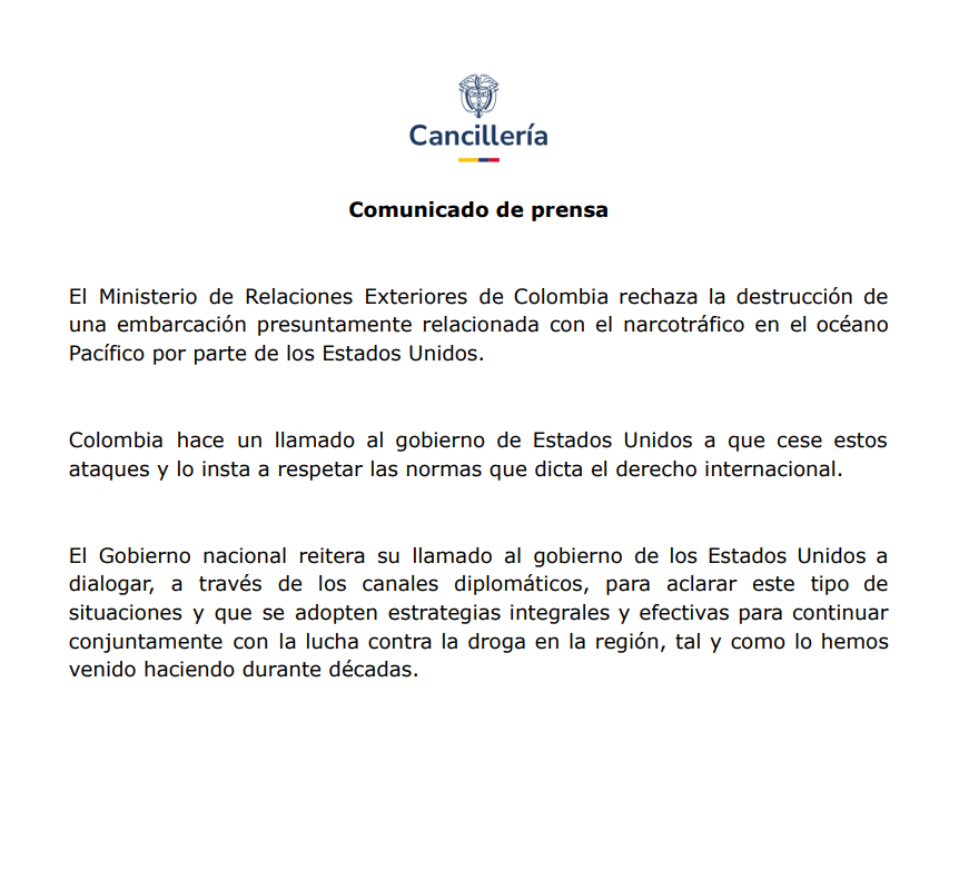 Colombia rechaza destrucción de embarcación en el océano Pacífico por parte de los Estados Unidos 👇