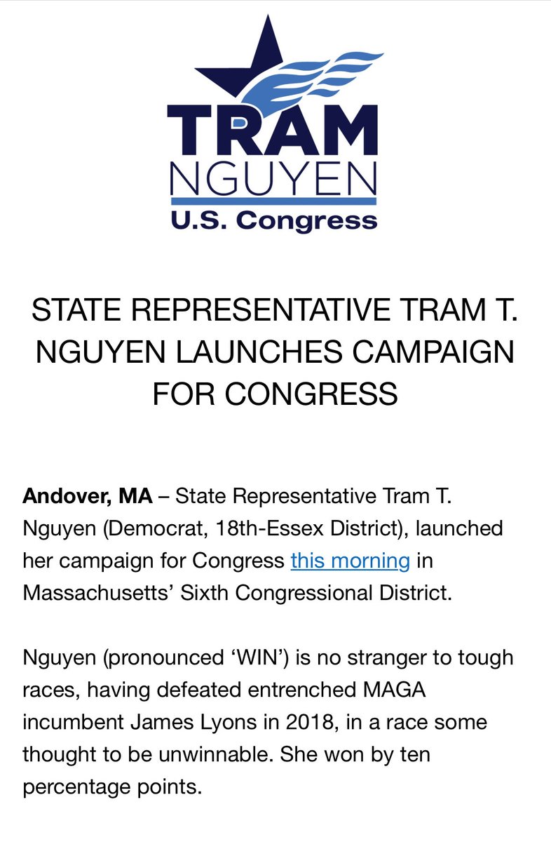 kellygarrity3's tweet image. State Rep. Tram Nguyen is running to replace Rep. Seth Moulton in MA-06. #mapoli