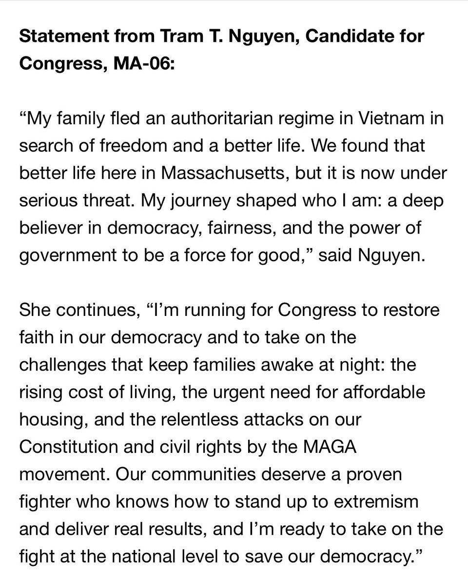 kellygarrity3's tweet image. State Rep. Tram Nguyen is running to replace Rep. Seth Moulton in MA-06. #mapoli