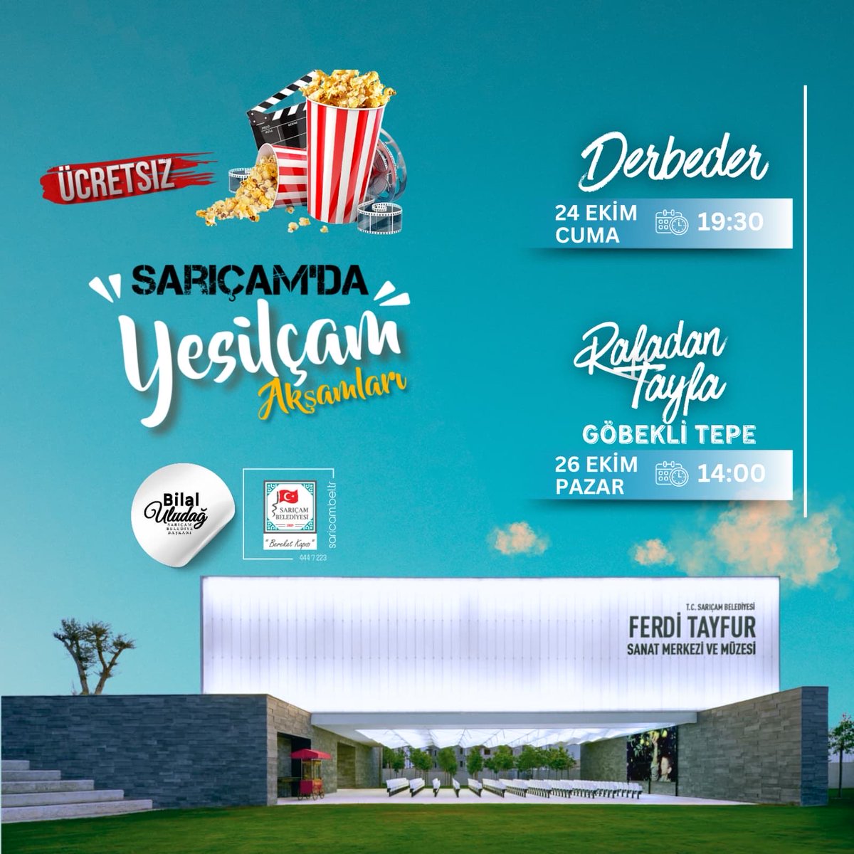 🎬 Yeşilçam’ın unutulmaz filmleriyle dolu nostaljik sinema geceleri Sarıçam’da devam ediyor! 🌙

Bu hafta sonu, Türk sinemasının efsanelerinden “Derbeder” ve minik izleyicilerimizin severek takip ettiği “Rafadan Tayfa: Göbekli Tepe” filmleriyle buluşuyoruz! 🎞️

🎬 Derbeder
📅 24