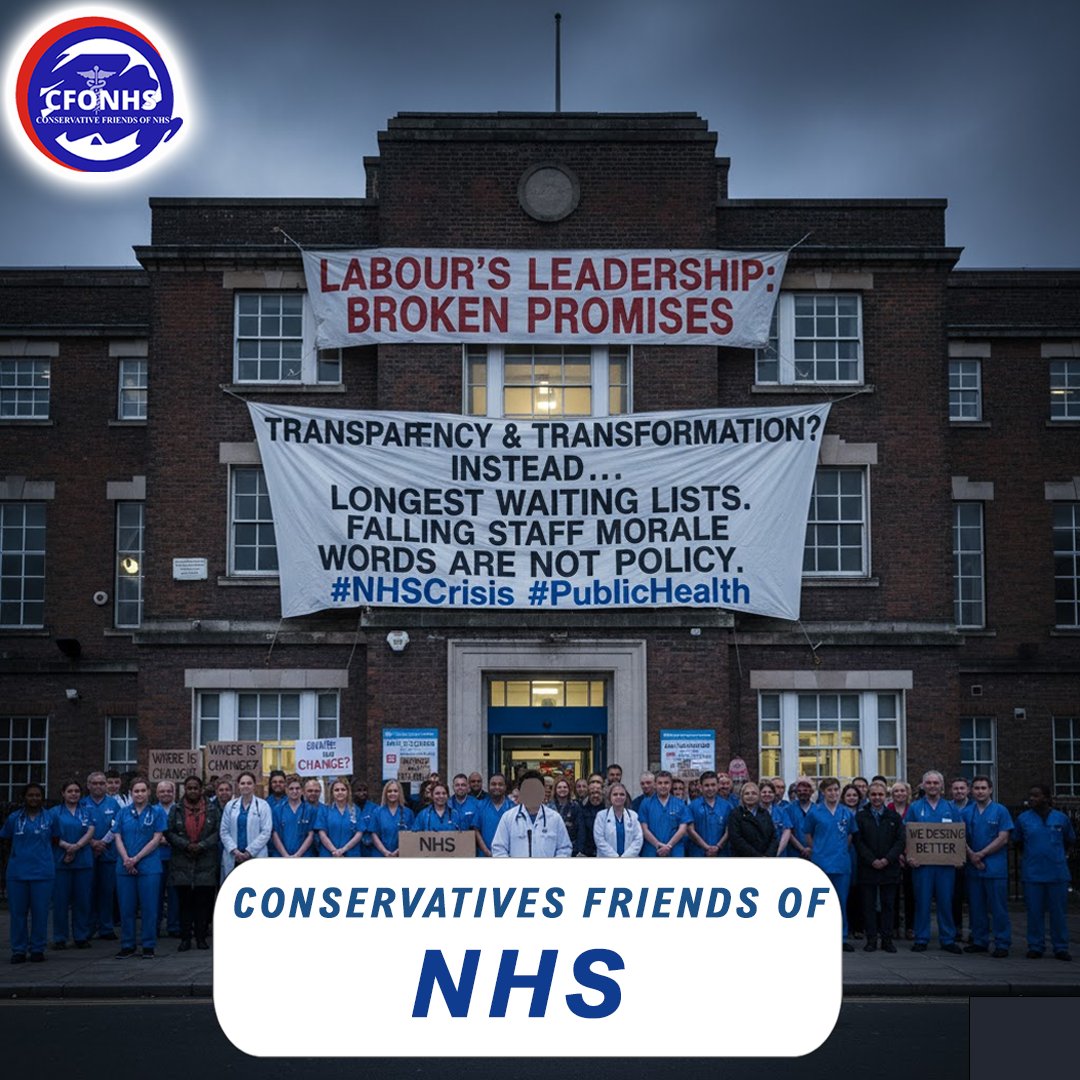 Conservative Friends of NHS (@cfo_nhs) on Twitter photo Labour’s leadership pledged transparency and transformation in healthcare.
Instead, the NHS faces its longest waiting lists in history and falling staff morale.
Words are not policy.
#NHSCrisis 
 <a href="/KemiBadenoch/">Kemi Badenoch</a>  <a href="/RobertJenrick/">Robert Jenrick</a>  <a href="/kevinhollinrake/">Kevin Hollinrake MP</a>  <a href="/Keir_Starmer/">Keir Starmer</a>  <a href="/DrAshrafChohan/">Dr Ashraf Chohan (DAC)</a> Labour’s leadership pledged transparency and transformation in healthcare.
Instead, the NHS faces its longest waiting lists in history and falling staff morale.
Words are not policy.
#NHSCrisis 
 <a href="/KemiBadenoch/">Kemi Badenoch</a>  <a href="/RobertJenrick/">Robert Jenrick</a>  <a href="/kevinhollinrake/">Kevin Hollinrake MP</a>  <a href="/Keir_Starmer/">Keir Starmer</a>  <a href="/DrAshrafChohan/">Dr Ashraf Chohan (DAC)</a>