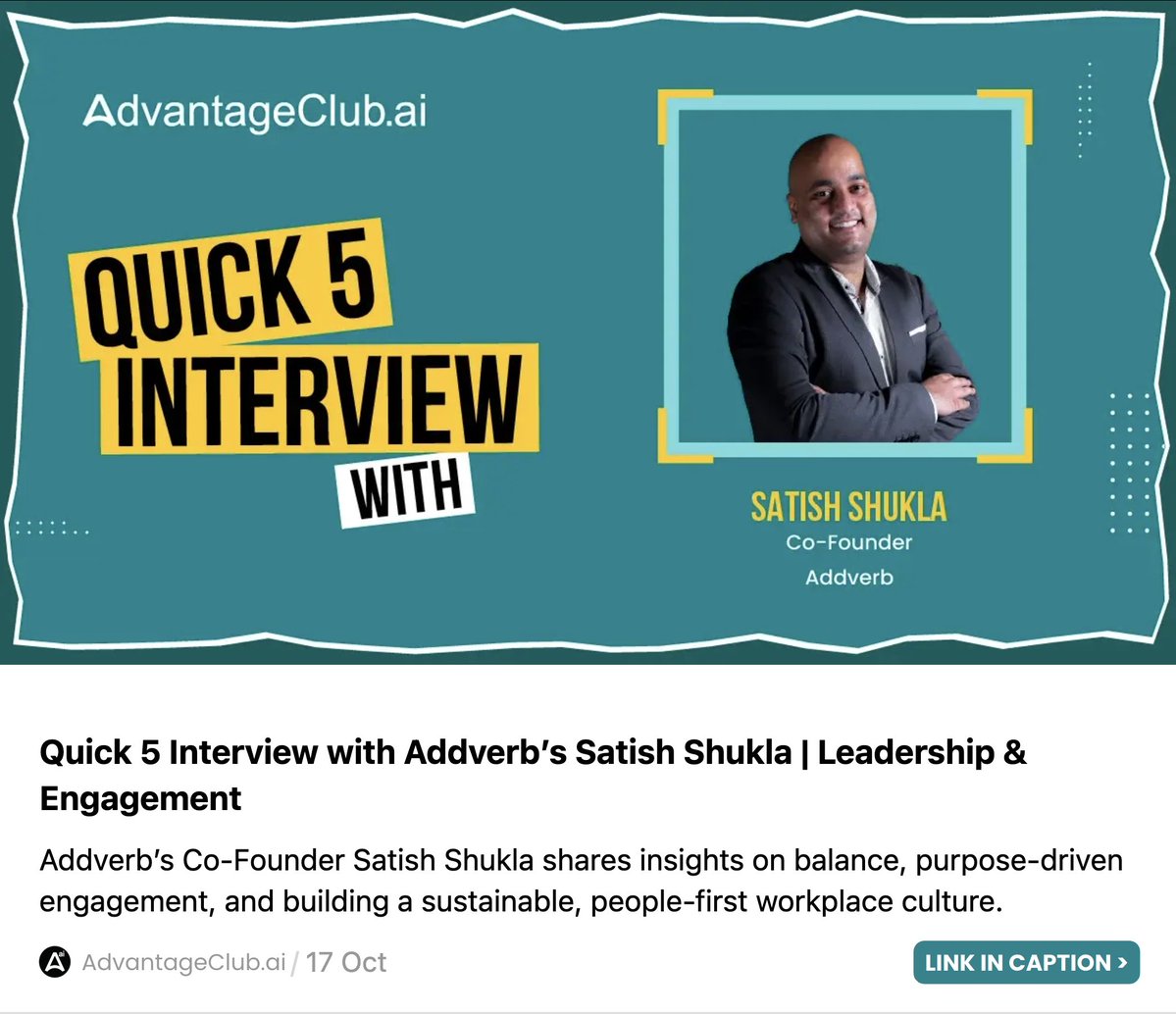 myadvantageclub's tweet image. Satish Shukla, Co-Founder of Addverb, shares how balance, purpose, and people-first values shape his approach to leadership and engagement.
🔗 Read the full interview: advantageclub.ai/blog/quick-5-i…
Stay tuned for more insightful conversations in our #Quick5Series