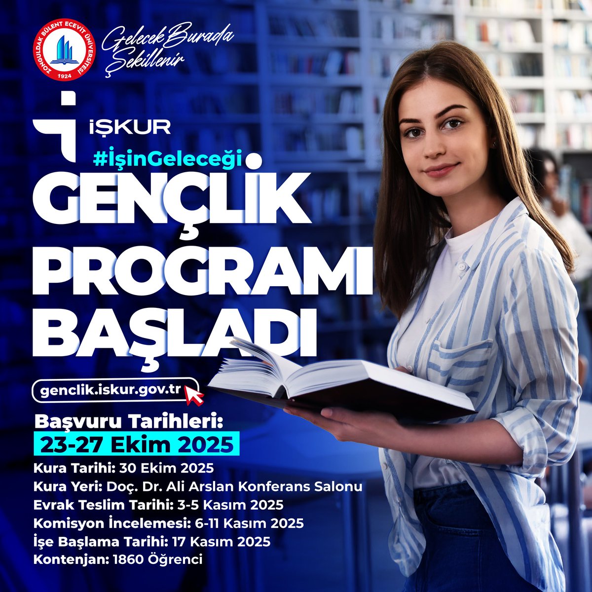 BEUN ile İŞKUR arasında imzalanan “Gençlik Programı” protokolü kapsamında, üniversite öğrencilerinin sektörel deneyim ve gelişimlerini desteleyecek programın başvuru süreci, 23-27 Ekim 2025 tarihleri arasında gerçekleştirilecek.

<a href="/ihozolcer/">Prof. Dr. İsmail Hakkı ÖZÖLÇER 🇹🇷</a> 
<a href="/beunedutr/">Zonguldak Bülent Ecevit Üniversitesi</a> 
<a href="/sibelkocak/">sibel kocak</a>