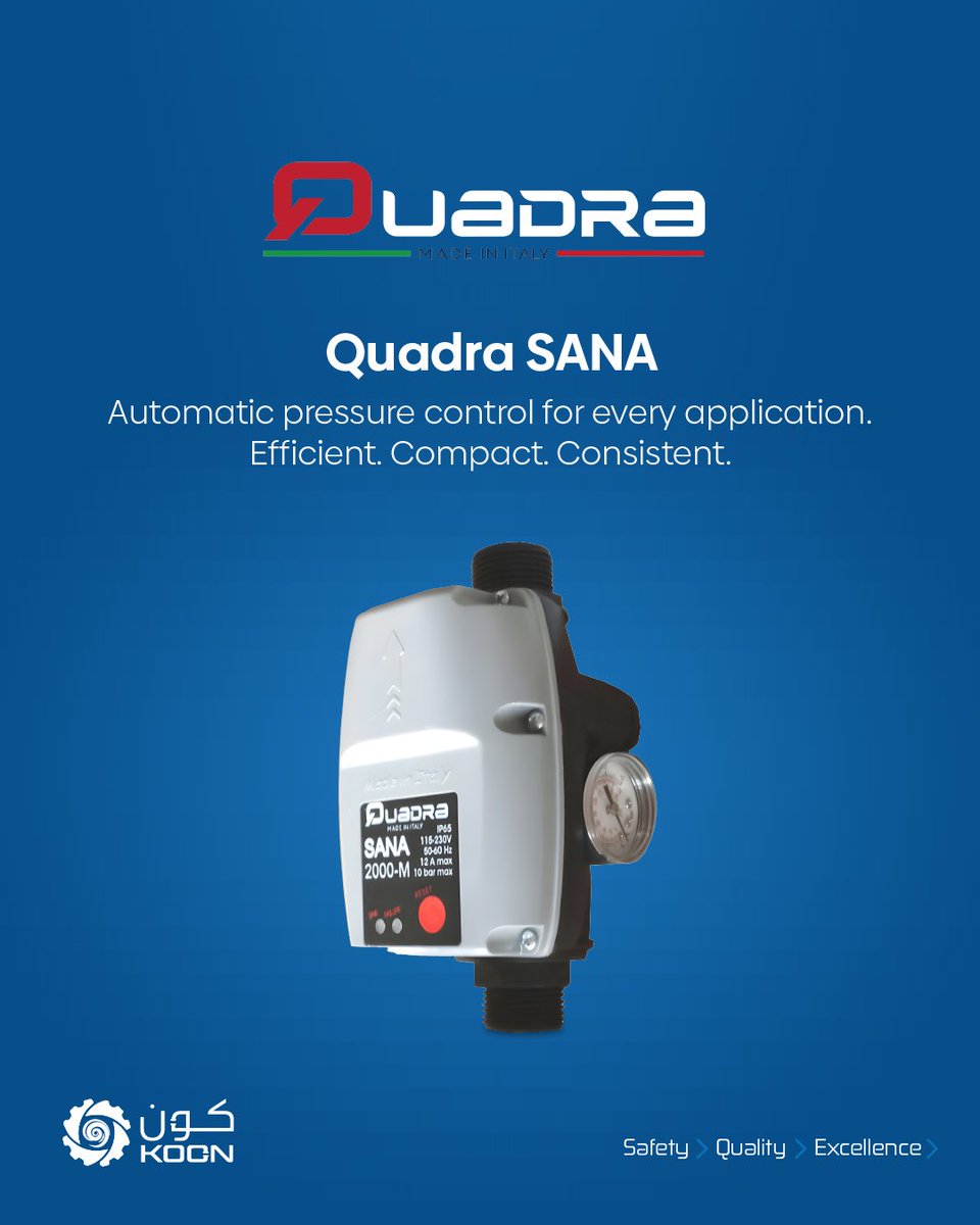 koontrading's tweet image. Quadra SANA keeps water pressure constant up to 10 Bar (115–230 V). It protects pumps from dry running, avoids pressure drops, and ensures efficient performance for homes &amp;amp; light industries.
#Quadra #KoonTrading #PressureControl #Automation