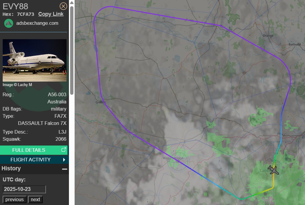 raaf_vip's tweet photo. Training/aircraft testing flight.
Dassault Falcon 7X // A56-003 // Envoy 88
Route: Canberra (CBR) - Canberra (CBR)
🛫: 08:27 UTC on 23/10/2025
🛬: 09:58 UTC
#RAAF #AusAirForce #Dassault #Falcon7X #FA7X #A56003 #ACT #Canberra https://t.co/ulkOcAfyQe