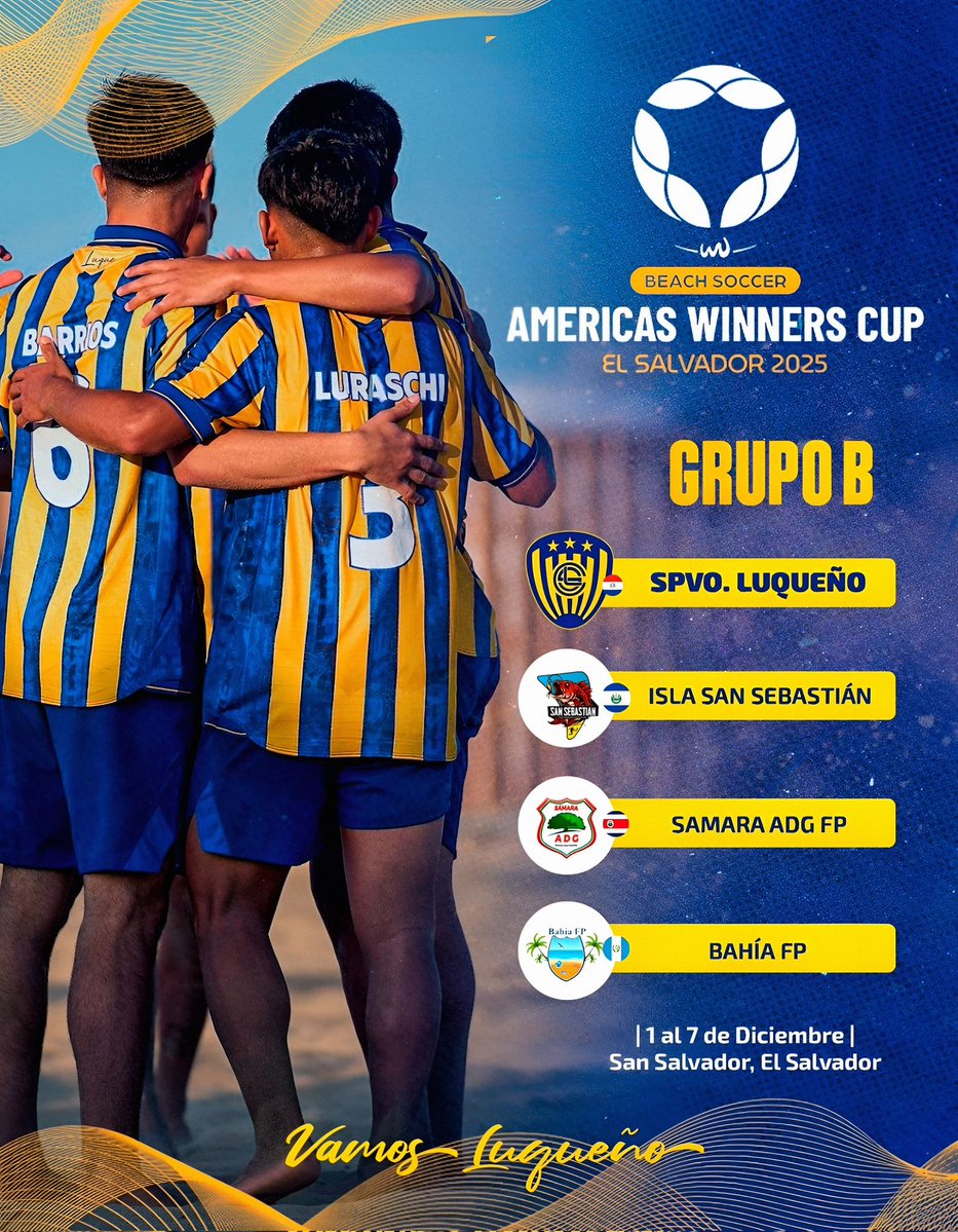 SpLuquenOficial's tweet image. 🌎¡𝙀𝙡 𝘼𝙪𝙧𝙞𝙖𝙯𝙪𝙡 𝙙𝙞𝙘𝙚 𝙥𝙧𝙚𝙨𝙚𝙣𝙩𝙚 𝙚𝙣 𝙚𝙡 𝘼𝙢𝙚𝙧𝙞𝙘𝙖𝙨 𝙒𝙞𝙣𝙣𝙚𝙧𝙨 𝘾𝙪𝙥 2025!
Del 1 al 7 de diciembre, en El Salvador 🇸🇻, Luqueño Beach Soccer representará al país con garra y corazón. 💛💙
#VamosLUQUEÑO 🔵🟡