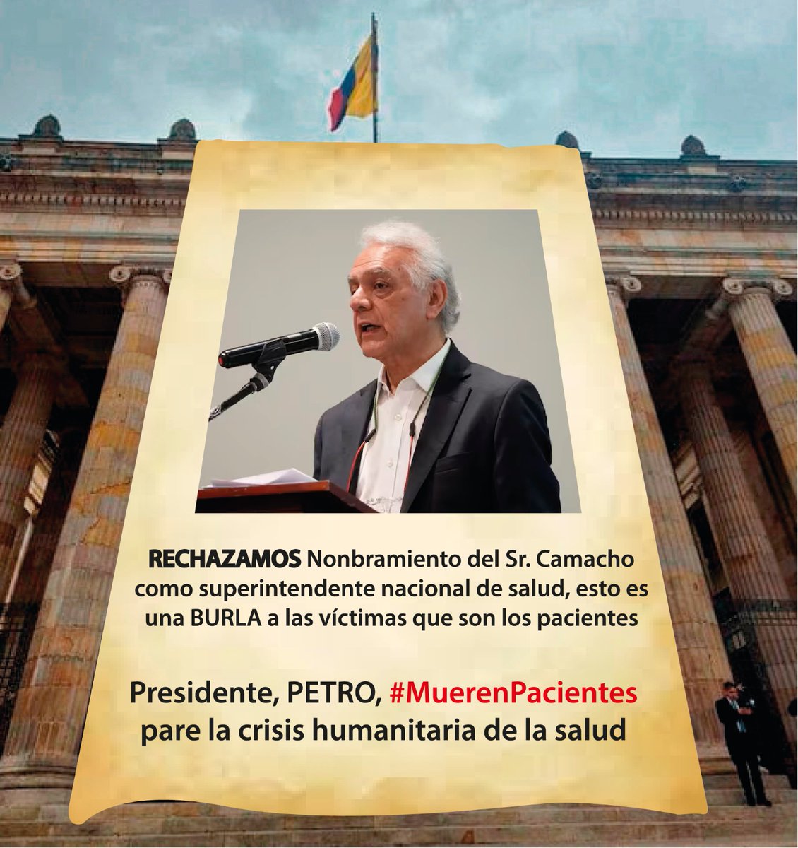 #NoMasIndiferencia 
202 organizaciones de pacientes Colombia, rechazan nombramiento de BERNADO CAMACHO como super salud, esto es vergüenza nacional

Presidente <a href="/petrogustavo/">Gustavo Petro</a> Hasta cuándo la salud cajeto automático de los politiqueros.
