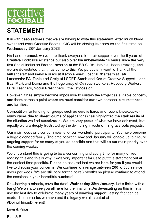 PennineFootball's tweet photo. IMPORTANT INFORMATION BELOW:

For all our participants, partners &amp; the wider community please read our statement below! https://t.co/AZloiHyWGj