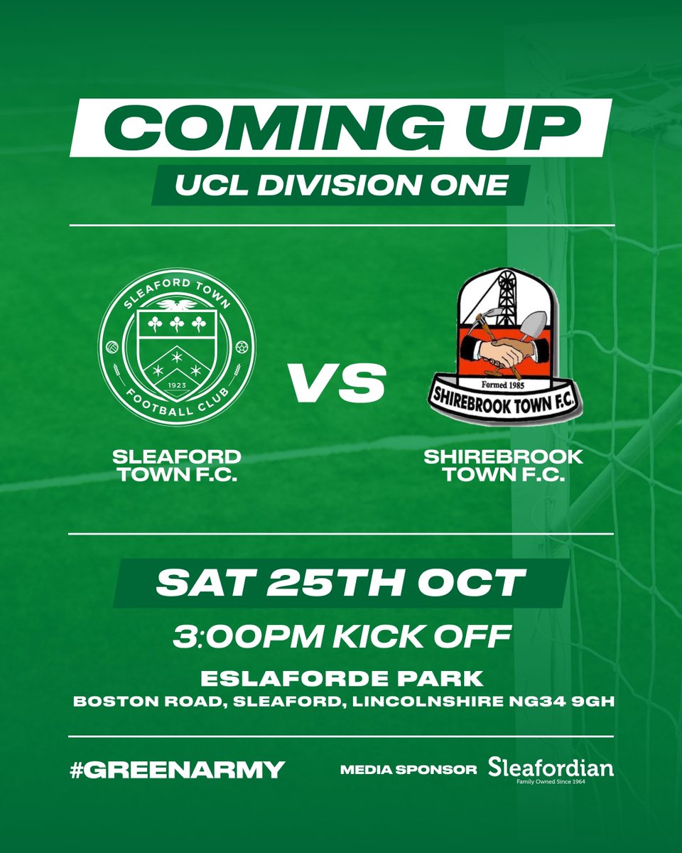 🟢 COMING UP 🟢

We’re back at Eslaforde Park as we host Shirebrook Town F.C. 💚⚽

📆 Sat 25th Oct
⏱ 3:00PM Kick Off
🏟 Eslaforde Park
🎟 Adults £7 | Military £5 | 65+ £4 | U16 FREE

Join us for another big home game and get behind the lads! 👊💚

#GreenArmy