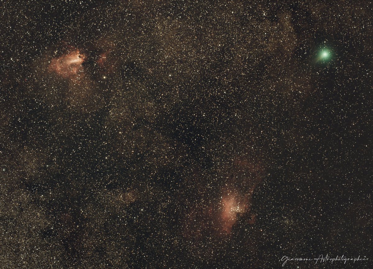 alexastro2a's tweet image. Premières sessions traitées pour #C2025R2Swan.

Une en solo le 21 octobre et la seconde accompagnée des nébuleuses de l&apos;Aigle (M16) et Oméga (M17) lors du passage de la comète devant le coeur de la Voie Lactée le 17 octobre.
Images uniques sans stacking.

Bien plus compliqué à…