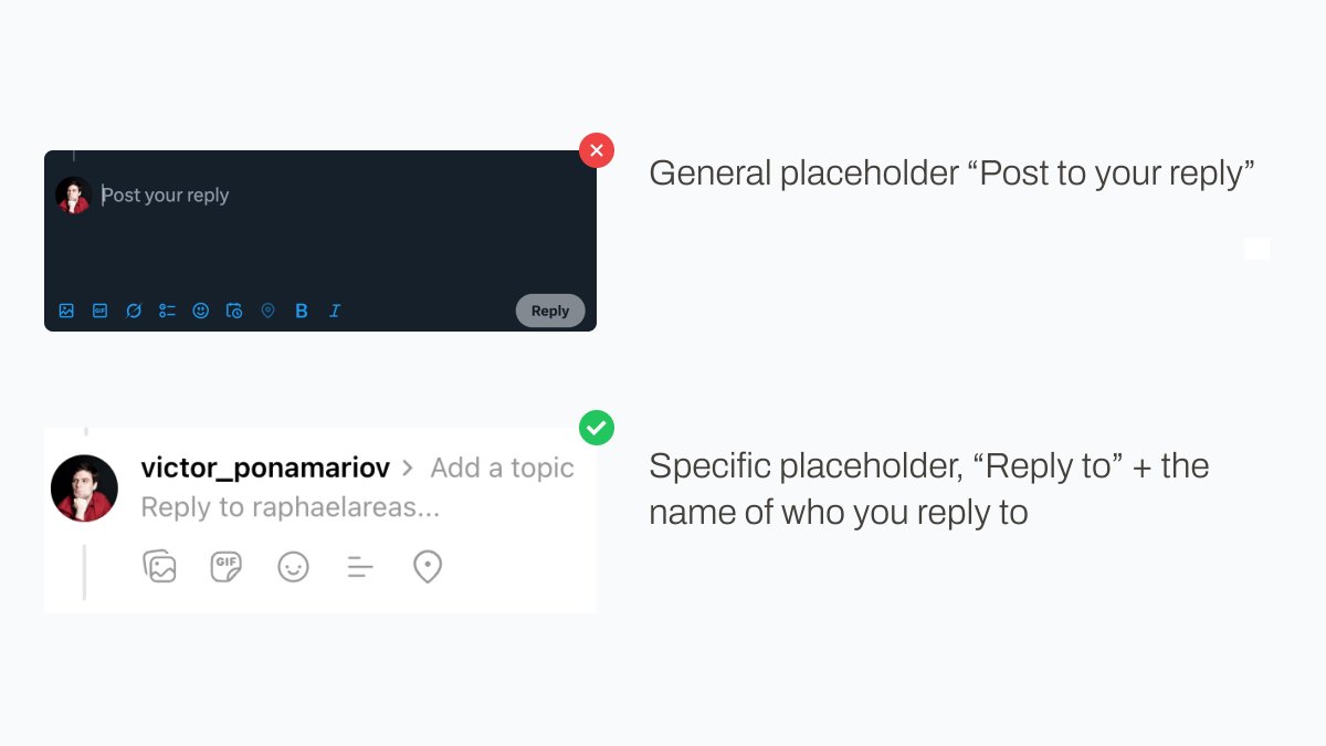 UI/UX Tip

Instead of using generic text like "Type your reply" in placeholders, try being more specific.

For instance, if you're replying to someone, include their name in the placeholder.

This approach can be applied to many other situations as well.