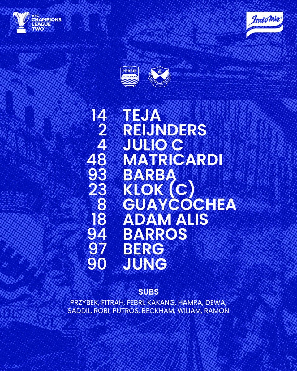 Starting line up yang akan berjuang di pertandingan ketiga #ACLTwo menghadapi Selangor FC malam ini 💪🔥

Tunjukkan taringmu dan menangkan laga! Gaskeun tilu poin✊

Supported by <a href="/indofood/">Indofood</a> 

#PERSIBDAY #SemangatBandungTaklukkanAsia #ACLTwo