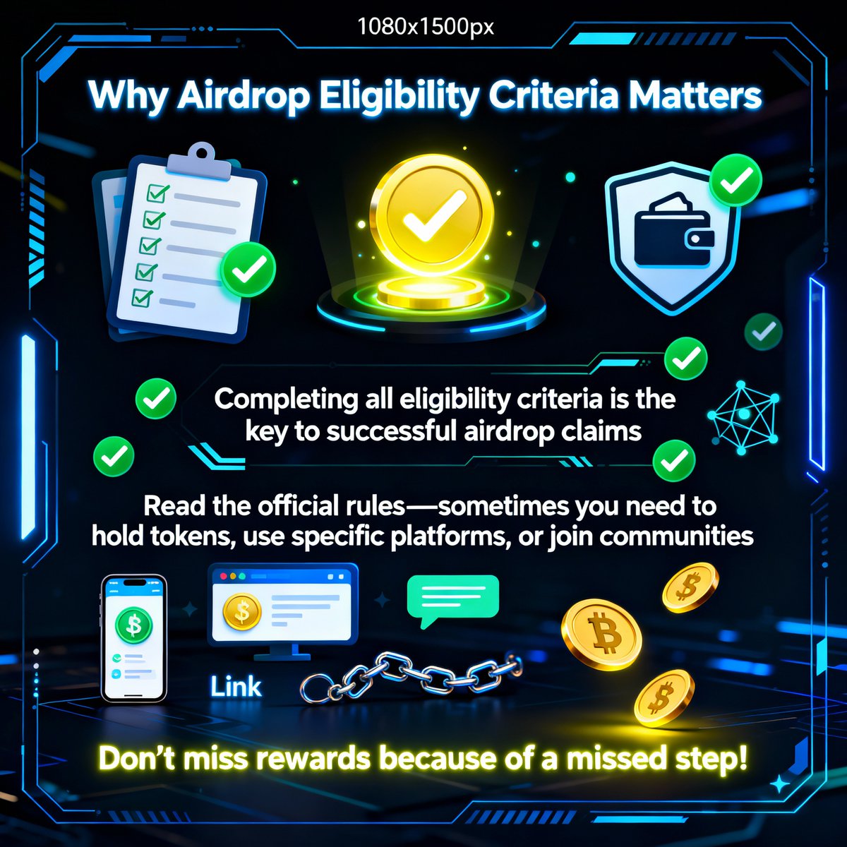 myridle_token's tweet image. Completing all eligibility criteria is the key to successful airdrop claims.  
Read the official rules—sometimes you need to hold tokens, use specific platforms, or join communities.  
Don’t miss rewards because of a missed step!  
#AirdropGuide #CryptoTips #Web3 #RidLE