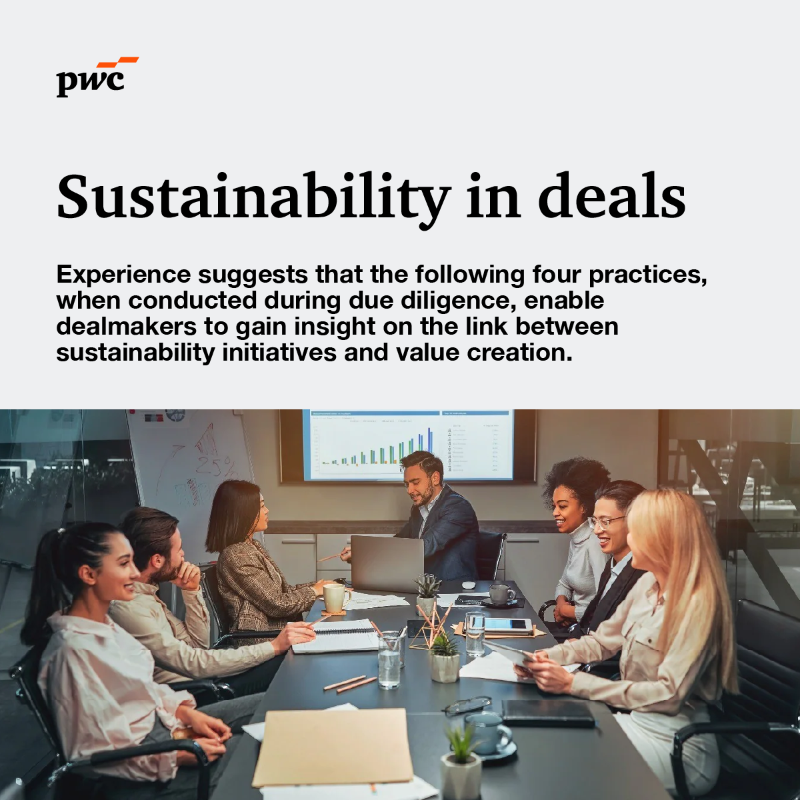 PwCClimate's tweet photo. Top dealmakers strengthen returns with an enhanced due diligence approach—one that accounts for the financial risks and opportunities stemming from #sustainability matters. 

Explore the four practices in more detail: https://t.co/RUqnYzQwNN