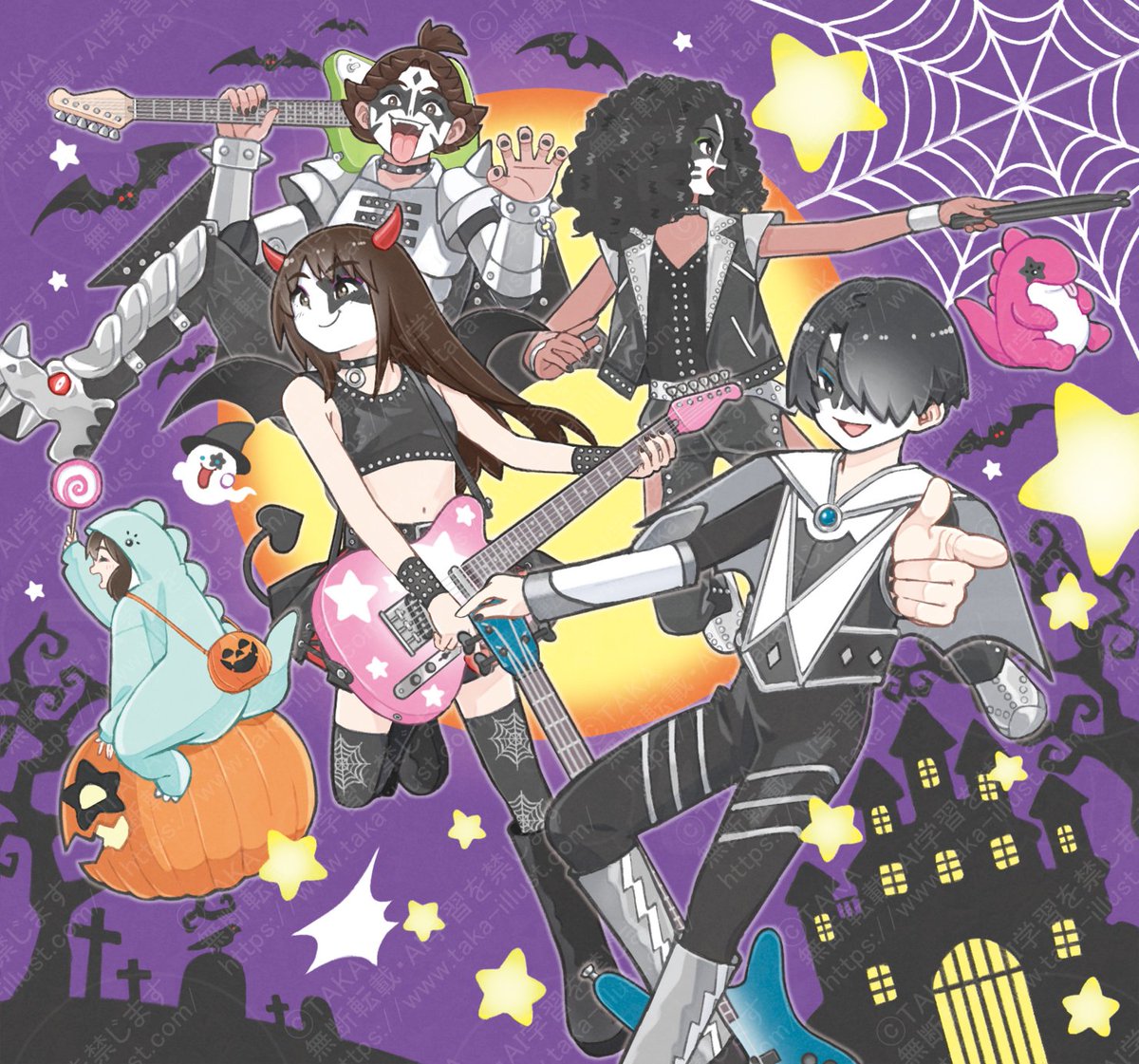 コスプレバンド🎃２０２４年度版中学生の基礎英語レベル２の１０月号表紙イラストでした。編集部からのリクエストで某バンド風な衣装になりました。
