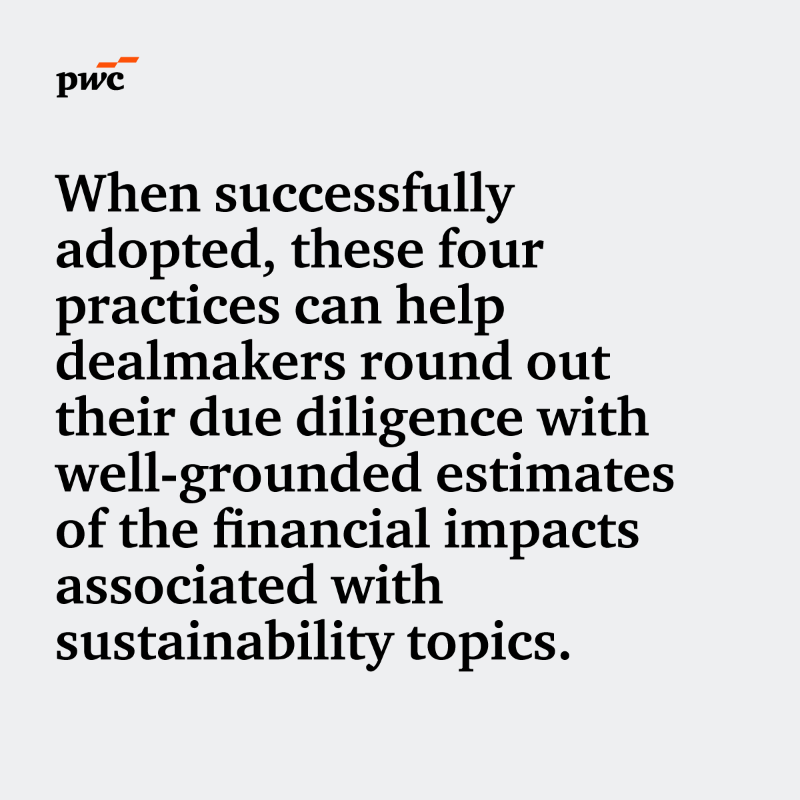 PwCClimate's tweet photo. Top dealmakers strengthen returns with an enhanced due diligence approach—one that accounts for the financial risks and opportunities stemming from #sustainability matters. 

Explore the four practices in more detail: https://t.co/RUqnYzQwNN