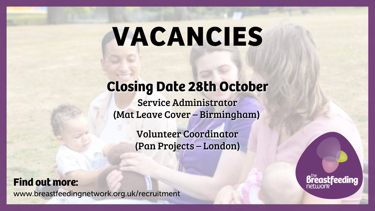 BfN_UK's tweet image. Have you seen our latest vacancies?

We are currently recruiting a Service Administrator for our Birmingham service, and a Volunteer Coordinator for our London services.

For more information, go to:
breastfeedingnetwork.org.uk/get-involved/r…

#CharityJobs #WorkForUs