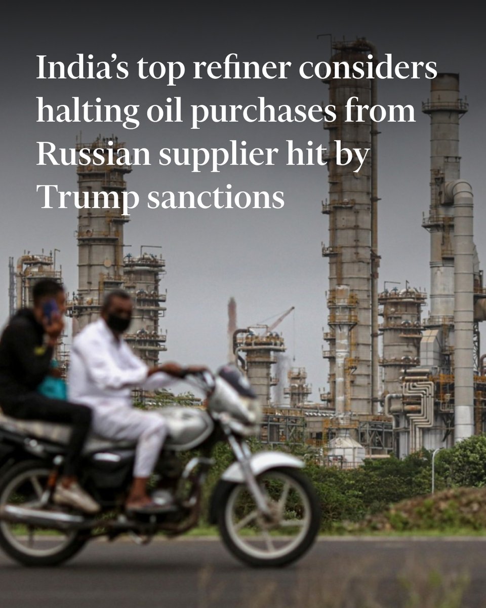 FT's tweet image. India's Reliance is looking at halting oil purchases from its biggest Russian supplier following Donald Trump’s sharp escalation of US sanctions on Moscow on.ft.com/3JmALYt