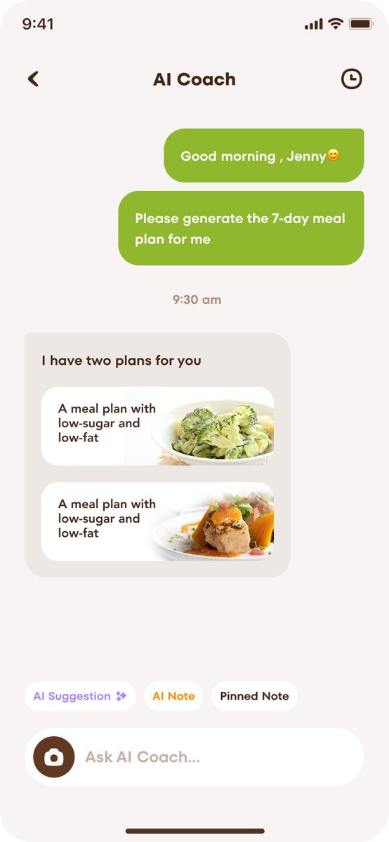 🚀 Our devs are making great progress with the app! 

Today we’re showing a sneak peek: 

The AI Coach now generates personalized 7-day meal plans and offers different options to choose from. 

What do you think of this feature?