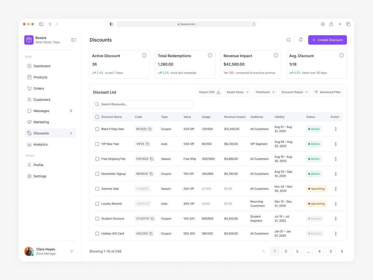 arnak_seyma's tweet photo. New Discounts dashboard 💫
✅ KPIs: Active, Redemptions, Revenue Impact, Avg. Discount
✅ List with code/type/value/usage + Revenue Impact
✅ Saved Views, Timeframe, Status, Advanced Filter, Export CSV Clarity > clicks.
Dribbble: https://t.co/nophvTeoXm

#ux #ui #saas #dashboard https://t.co/b2dquNiWTs